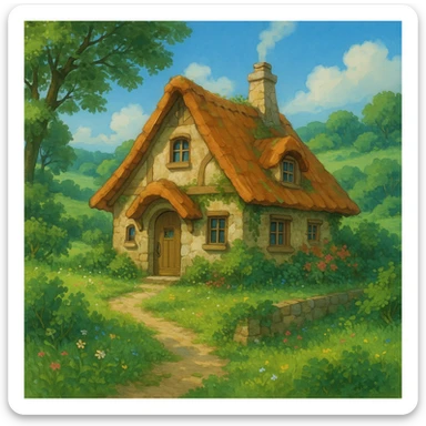 cozy cottage in a lush landscape, ghibli style sticker