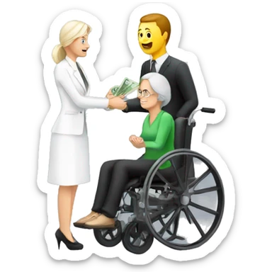 person in wheechair talking australian money with lady sticker