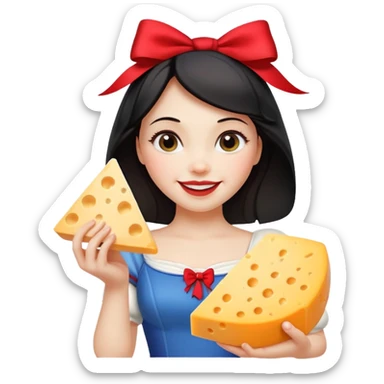  smiling Snow White with red bow holding triangle wedge of cheese sticker