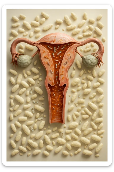 utero umano realistico con batteri della candida intorno, la foto si deve vedere per intero in formato verticale, sullo sfondo neutro chiaro ci sono batteri della candida, iperrealistico 4k sticker