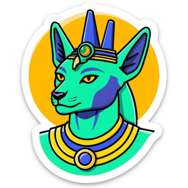 Egyptian gods Osiris with green skin and Atef crown, Khonsu with falcon head and moon symbol, and Anubis with jackal head standing together sticker