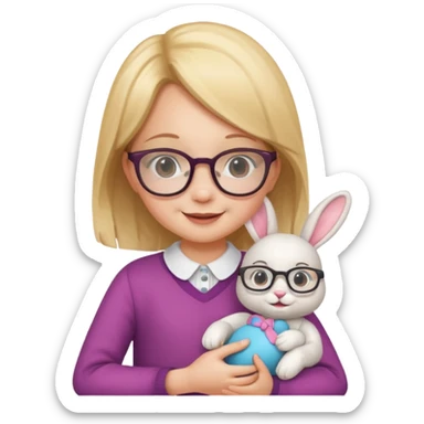 Girl kid with glasses → holding a toy rabbit sticker