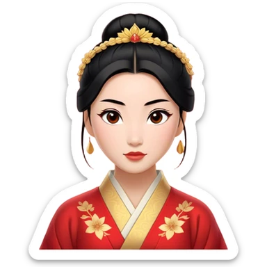 Cinematic Elegant Mulan Portrait Emoji, rendered in a realistic, vector-style with minimal shading and bold, simplified shapes. Depict Mulan (chest and above) with warm, light-toned skin, almond-shaped eyes, and sleek black hair styled in a traditional bun. She wears a modest, traditional robe with subtle red and gold accents, glowing with a soft, refined radiance and high shine, capturing timeless beauty and inner strength. sticker