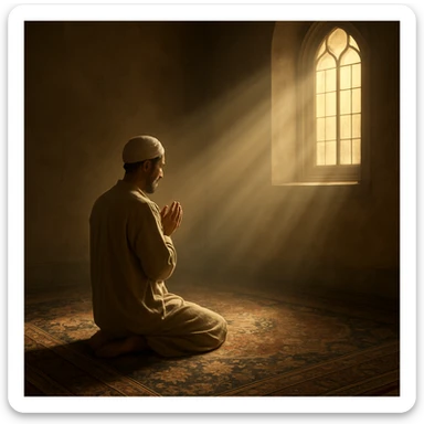 a tranquil figure in prayer on an ornate carpet, soft rays of light illuminating the space from a window sticker