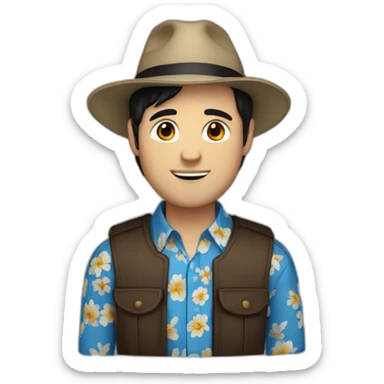 White Man with black hair, strip blue flowered shirt, brown hat sticker