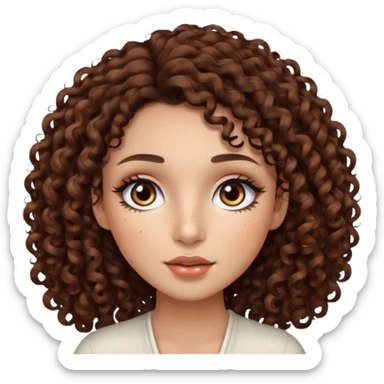 dark brown curly hair with dark brown eyes and too long lashes and some make up with freckle and light brown skin sticker