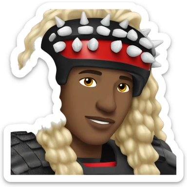 College football fan wearing spiked shoulder pad that are red and black sticker