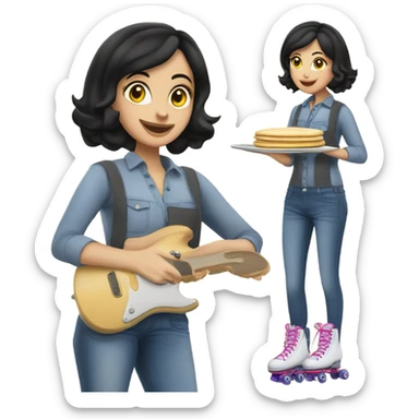 Caucasian woman with black hair wearing jeans on roller skates cooking pancakes sticker