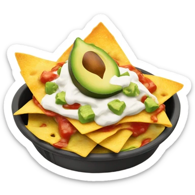 Nachos with melted cheese and guacamole and sour cream and salsa ontop sticker