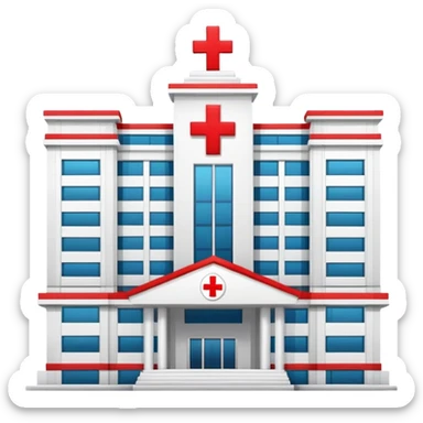 Modern Bangkok hospital building with Thai architectural elements, red cross symbol sticker