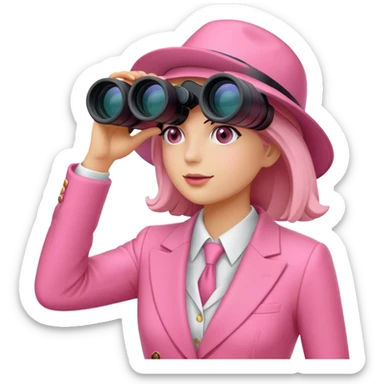 woman in a pink suit looking through binoculars, front view sticker