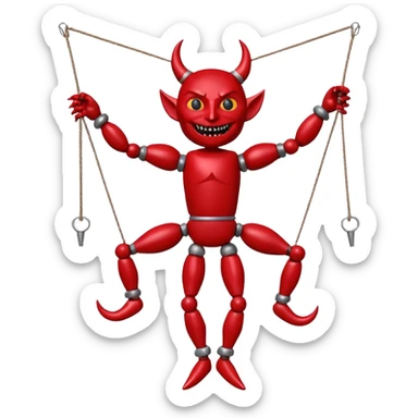 3D render of Devil Puppet as a wooden marionette puppet, Red painted wood, strings, silver metal screw joints at elbows and knees, polished brown wood texture, rigid toy pose, emoji style, isolated on white background --v 6.0. sticker
