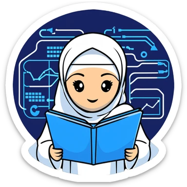 computer science woman with white hijab in blue outfit, with floating code elements, programming syntax, algorithms visualization, database schemas, software design patterns, command line interfaces, binary trees, and computational formulas surrounding her sticker