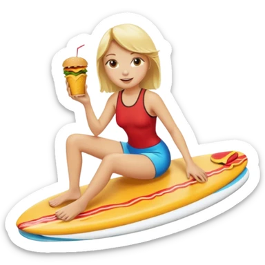 make a blonde girl eating a cheese burger riding a surf board sticker