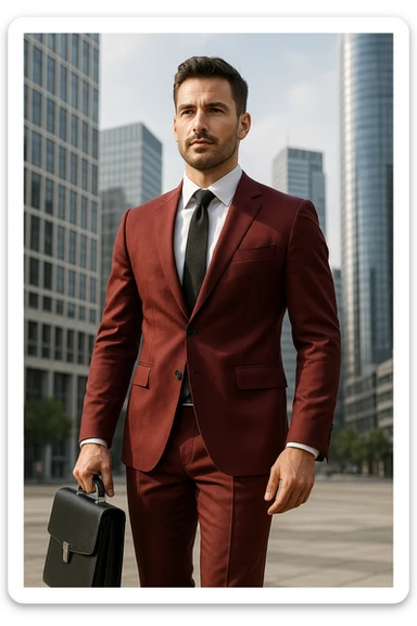 A businessman in a crimson suit with a briefcase sticker