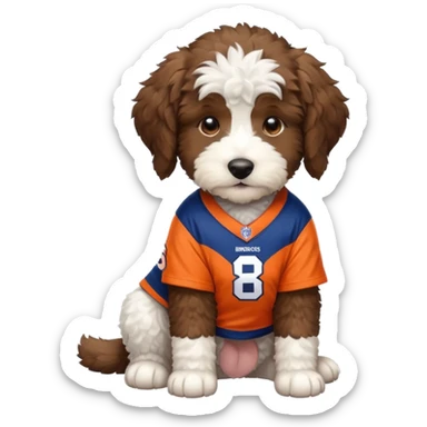 bernedoodle puppy wearing broncos jersey sticker