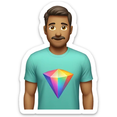 A man wearing a T-shirt with a prism-shaped logo. sticker
