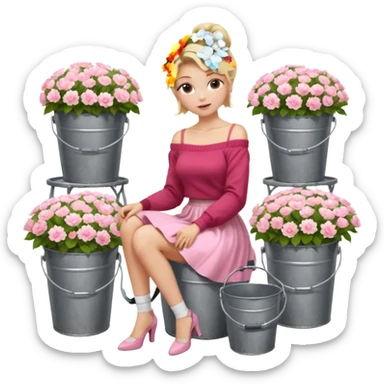 a blond girl  sitting  near various bouquets of flowers in metal buckets a white and pink flowers , Her hairstyle is slightly messy updo. She wears a red off-shoulder cardigan and a white long skirt. Her leg is extended forward toward the camera, appearing long and graceful. sticker