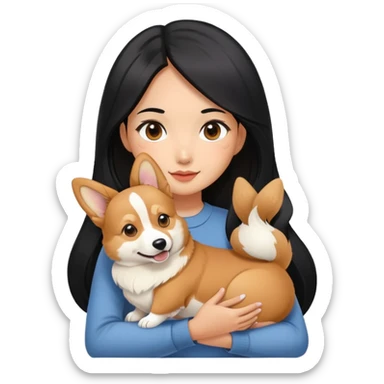Asian girl with long black hair holding her corgi sable color sticker