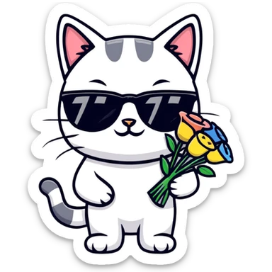 cat wearing sunglasses holding a bouquet of flowers sticker