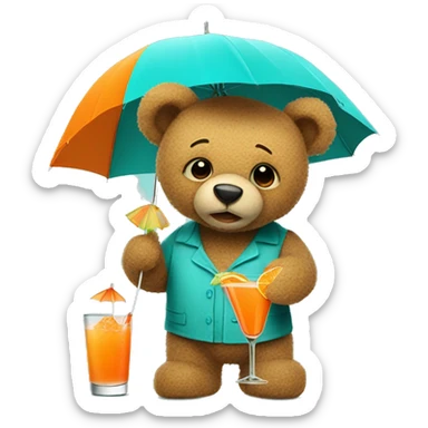 
a turquoise, tattered teddy bear holding an orange cocktail umbrella. sticker