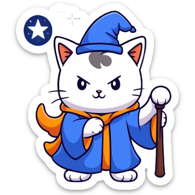 Mystical cat wizard with starry blue robes and glowing magic staff sticker