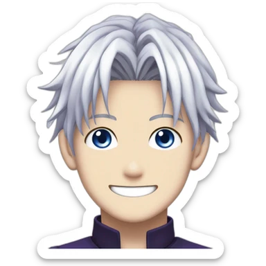Satoru Gojo with his blue eyes,long medium white hair, a big friendly smile, dark violet uniform from jujutsu kaisen sticker