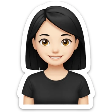 a pretty bratz fair girl with straight black hair, wearing a black tshirt, smiling sticker