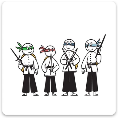 Teenage Mutant Ninja Turtles, hand-drawn doodle style, black outlines, playful and sketchy sticker