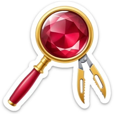 Jewelry art icon. A ring with a golden ruby, magnifying glass and pliers. Minimalistic style, clean lines, transparent background. sticker