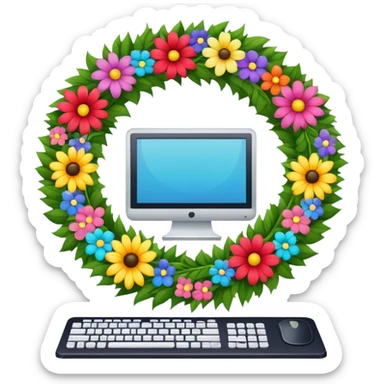 funeral wreath next to a computer sticker