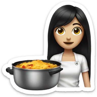 Pale girl with long black hair cooking dinner  sticker