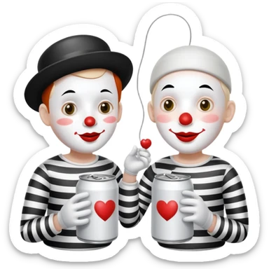 2 mimes talking with a can on a string between them sticker