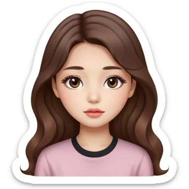 “korean straight brown hair Emoji girl, soft eyeliner and blush, gradient lips, light brown shimmer eyeshadow, long wavy hair,  sticker