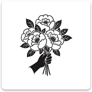 a bouquet of peonies with lush petals and leaves, held in a hand, in pastel colors dd9fb0 ffc6d3 a3bfc9 c4bee2 f1b091 sticker