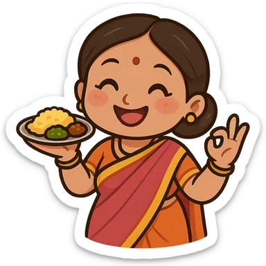 cheerful Indian auntie in bright saree, offering food with one hand, gesturing matchmaking with other, cartoon sticker emoji style, warm inviting expression sticker