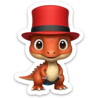 A very cute and adorable anthropomorphic baby dinosaur with a red top hat sticker