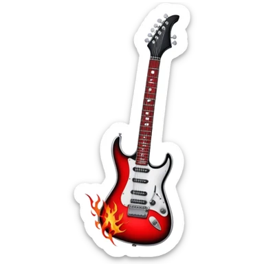 Create a bold and powerful emoji representing rock vocal performance in a humanless collage. The design should feature a vintage microphone at the center, surrounded by a heavy, aggressive hardcore electric guitar with sharp, jagged edges. Include crossed drumsticks behind the guitar, symbolizing the intense rhythm of rock music. Add fiery elements like flames or lightning bolts to enhance the raw energy of the design. Use dark, bold colors like black, red, and silver, with metallic or chrome accents to reflect the rebellious, hard-hitting nature of rock. The background should be transparent. sticker