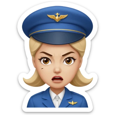 сгенерируй фото женщину с шапкой стюардессы и злая sticker