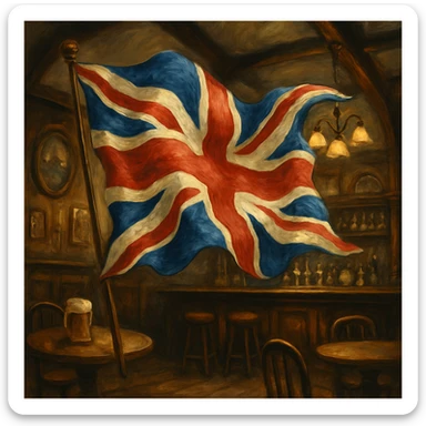 A waving Union Jack flag, floating in the air, whimsical and slightly surreal, traditional English pub theme sticker
