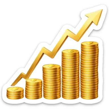 upward arrow next to gradually increasing stacks of gold coins, showing progression sticker