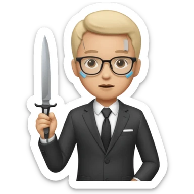 man with glasses wearing a suit and holding a knife sticker