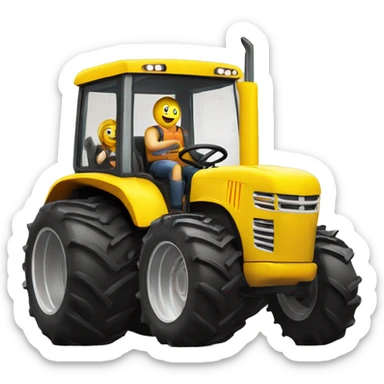 group of 3 people driving giant tractor yellow sticker