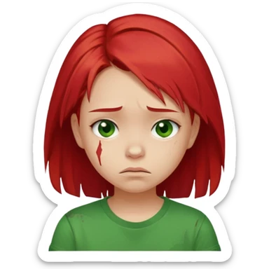 Young girl with red, damaged, and unattractive hair, wearing a green T-shirt, with a sad and subdued expression. sticker
