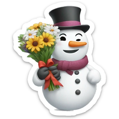 snowman holding a bouquet of flowers while smiling sticker
