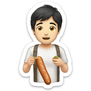 Kawai men with dark hair eating sausage face sticker