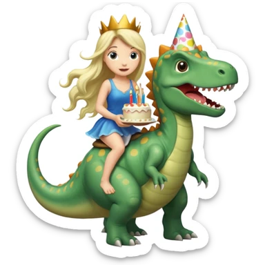 Fairy riding a dinosaur presenting a birthday cake sticker