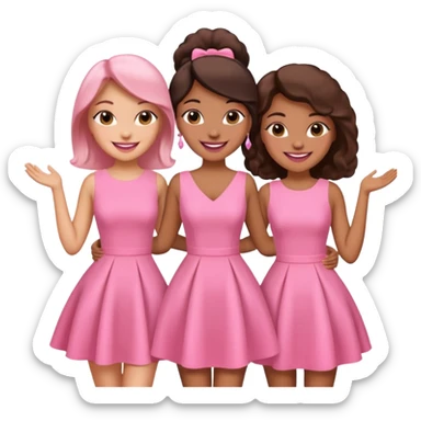3 besties with professional glammed up looks wearing pink, medium skin tone smiling big sticker