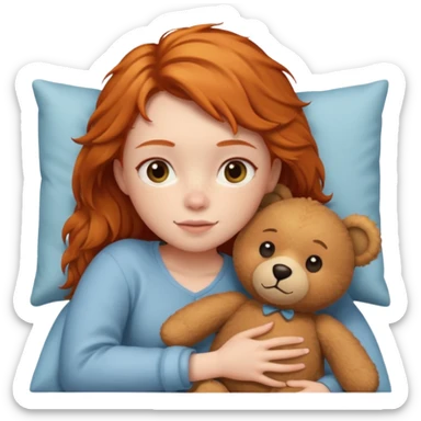 ginger girl cuddle in bed with teddy sticker