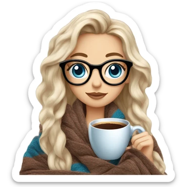 Balayage hair Girl drinking coffee, with a cozy blanket wearing glasses with blue eyes beautiful  sticker